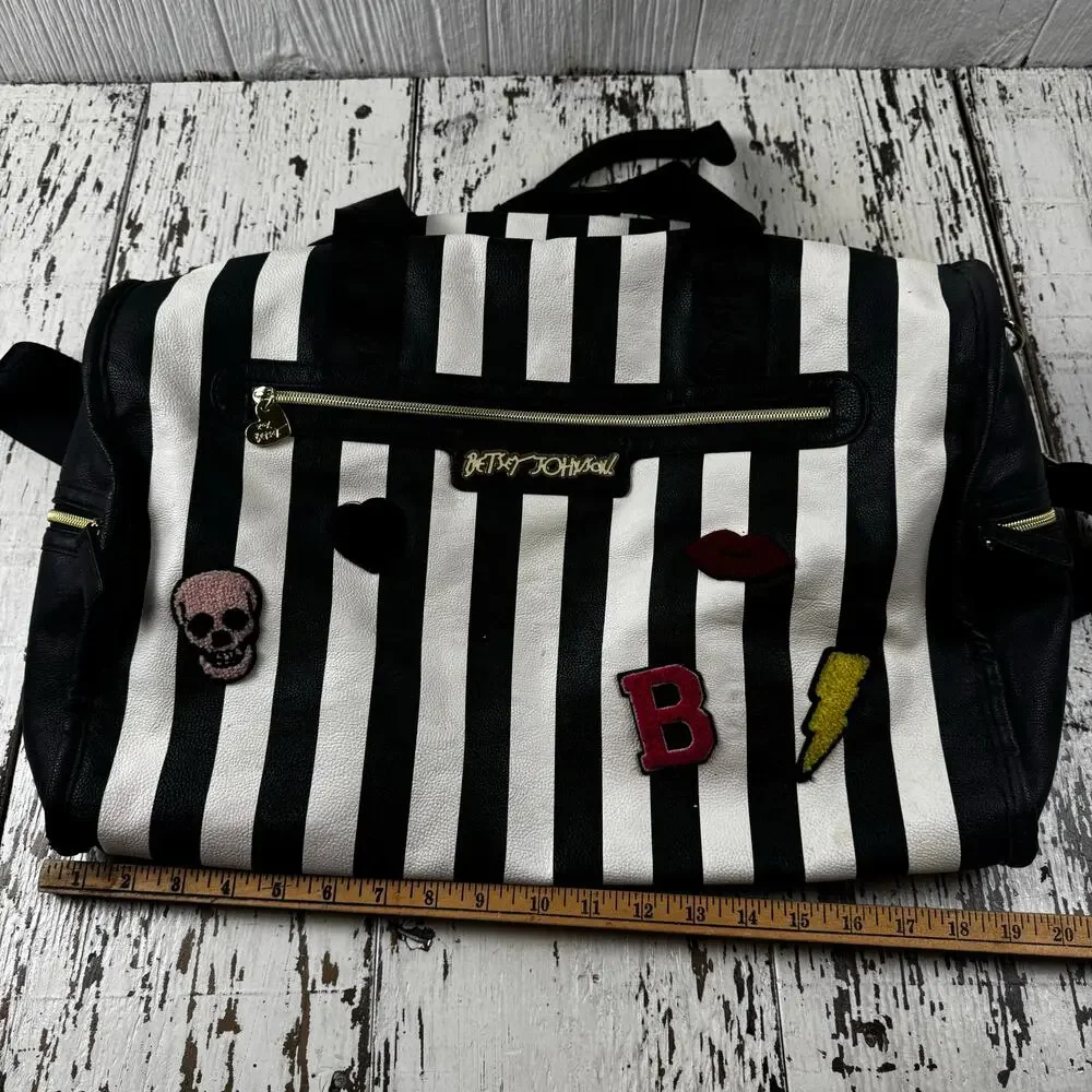 Betsey Johnson Striped Weekender Travel Duffle Bag Black White Floral Interior